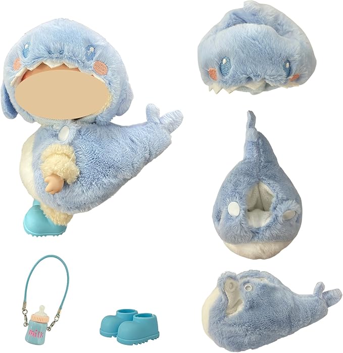 3PCS Animal Costume Outfits for 17cm Dolls, Include Blue Shark, Pink Dinosaur and Yellow Bee Clothes with Shoes and Mini Bags, Cute Dress Up Accessories for Plush, (No Dolls)