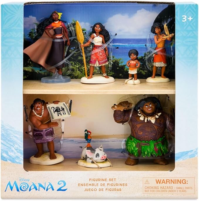 Disney Store Official Moana 2 Figure Set – 7 Fully Sculpted Disney Figures Including Moana, Simea, Maui, Pua with Heihei, Matangi, Loto & Moni with Scenic Backgrounds