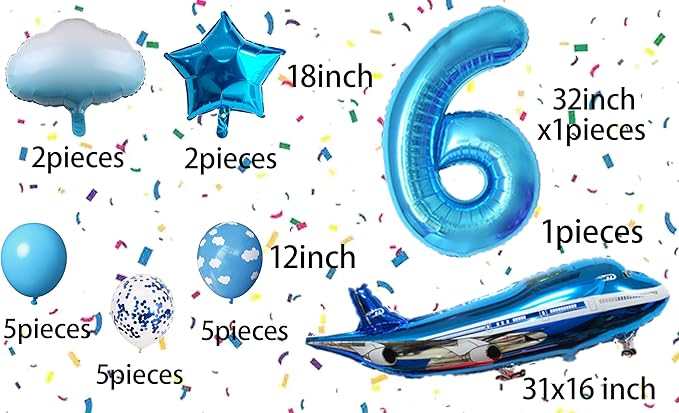 31inch Large Airplane Blue Party Decoration Airplane Balloon Set Birthday Party Supplies (6 Number Airplane)