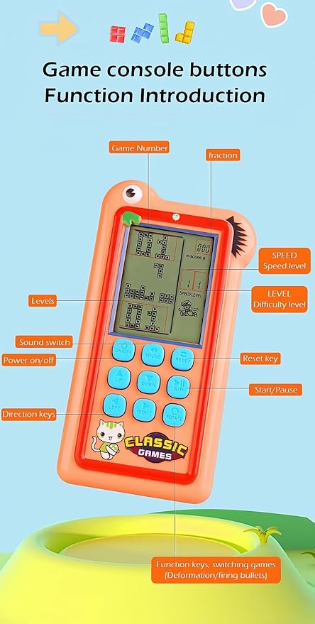 Cartoon Block Game Console Big Screen 23/26 Bricck Game Dual Mode Silicone Buttons Dual Powered by Rechargeable Lithium Battery/AA Retro Handheld Portable Toy Children/Teens Gifts (Khaki)