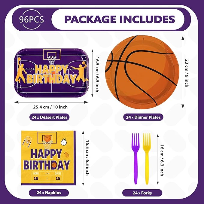 96Pcs Basketball Birthday Party Decorations Sports Themed Plates and Napkins Purple Yellow Basketball Disposable Paper Tableware Set for Kids Boys Men Birthday Party Supplies Serves 24