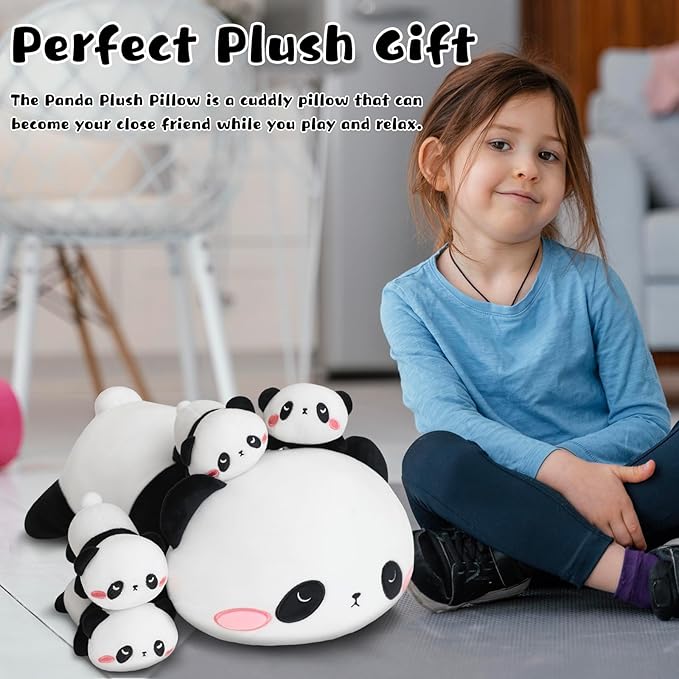 Panda Stuffed Animal Cute Panda Plush Pillow with 4 Baby Plushies in Her Tummy, Soft Cotton Stuffed Animals Toy Gifts for Kids