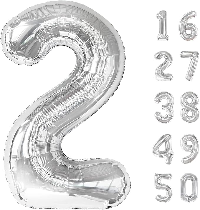 40 Inch Silver Number 2 Balloon Giant foil balloons numbers Silver 2th Birthday Balloon For Boy Girl Decorations 2 12 21st 22th Party Celebration Decorations Graduations Anniversary Baby Shower