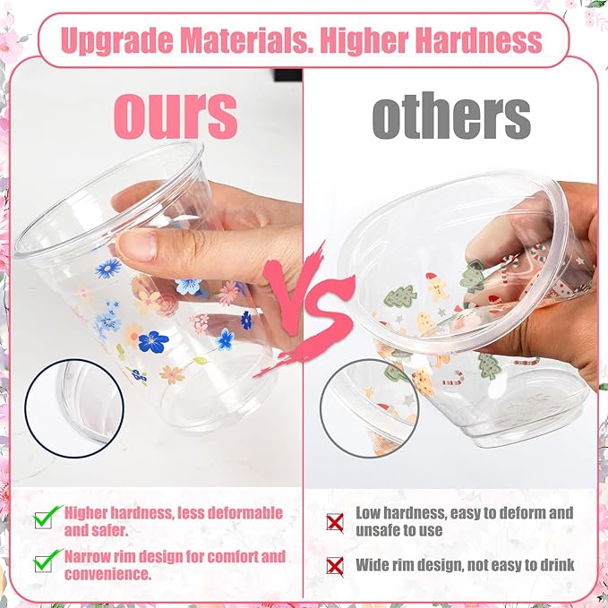 50pcs Wildflower Plastic Cups, 12 Oz Floral Clear Disposable Cups Bulk, Vintage Flower Plastic Drinking Cup for Spring Summer Party Favor Flower Birthday Wedding Party Supplies