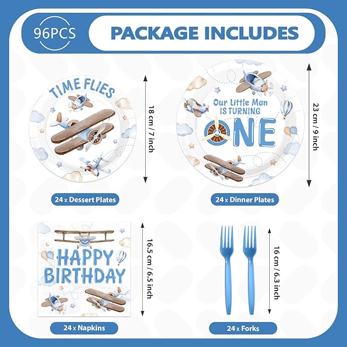 96Pcs Time Flies 1st Birthday Party Decorations Airplane 1st Birthday Plates and Napkins Sets Airplane Theme First Decorations for Boys Girls One Year Old Baby Shower Party Supplies Serves 24