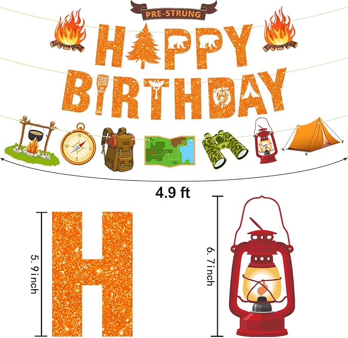 Pre-Strung Camping Party Decorations, NO DIY Glitter Happy Birthday Banner Camping Themed Baby Shower Supplies