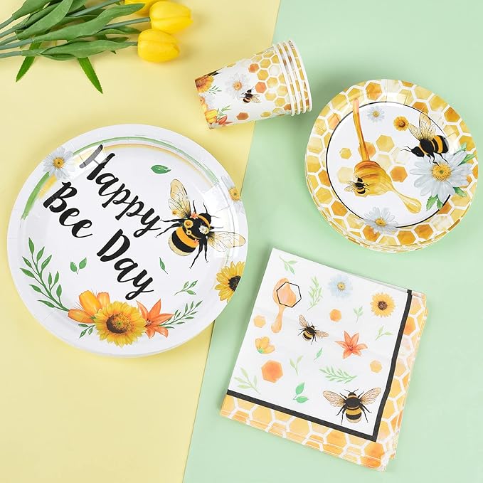 WERNNSAI Bee Birthday Decorations - 64 PCS Bee Plates Napkins and Cups Honeybee Baby Shower Decorations Paper Plates Cups Napkins Dinnerware for Kids Boys Girls Birthday Serves 16 Guests