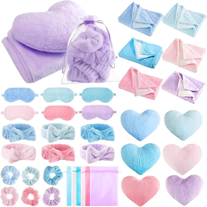 36 Pcs Sleepover Party Supplies for Girl Spa Slumber Birthday Favors Throw Blanket Pillow Eye Mask Headband Scrunchies (Solid Color,Mermaid Color)