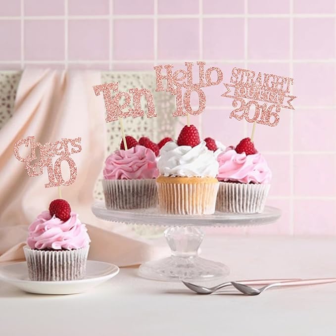 Ephlyn 24Pcs Happy 10th Birthday Cupcake Toppers Glitter Ten Cupcake Picks Hello 10 Cheers to 10 Years Cake Decorations for 10th Birthday Anniversary Party Decorations Supplies Rose Gold