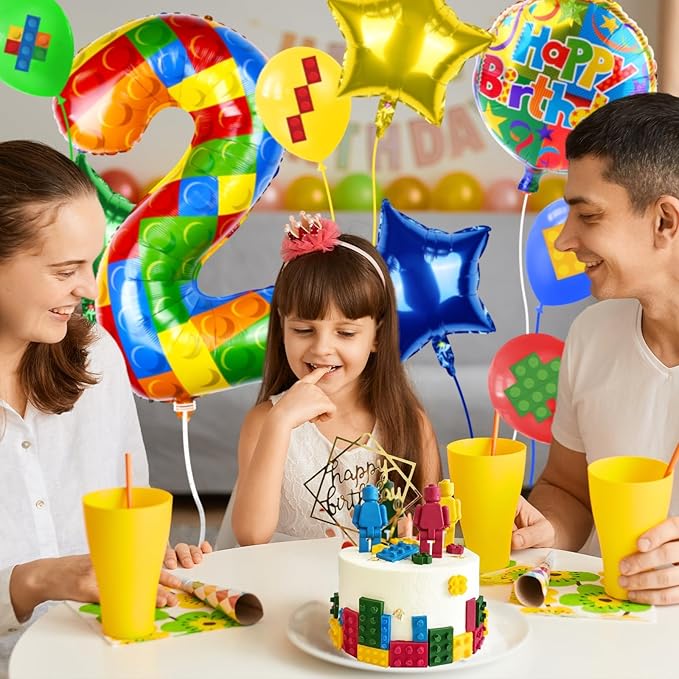 40 Inch Building Block Number Balloon, Colorful Number Block Foil Number 2 Balloons Large Big Numbers Helium Balloon for Girls Boys 2th Birthday Brick Theme Party Decorations (Number 2)