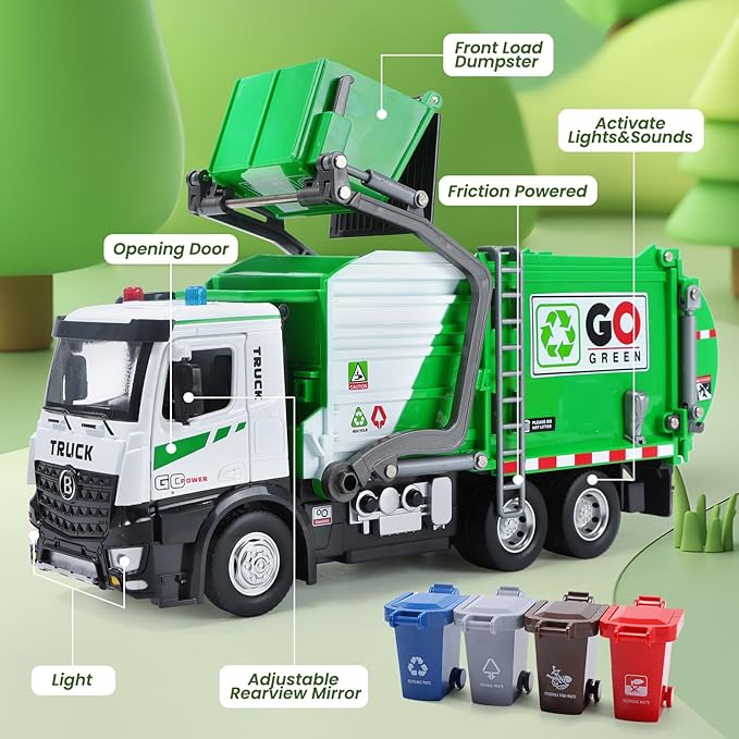 HOLYFUN 12'' Electric Garbage Truck Set with Front Loader/Metal Cab, Friction-Powered Recycling Vehicle with Dumpster, 4 Trash Bins & Sorting Cards, Trash Truck Toy with Lights/Sounds for Kids