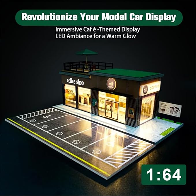 1/64 Model Car Display Shop Case for Adults, Premium in-House-Design Scale Diecast Parking Garage for Toy Cars, Toys Car Garage, Scenic Diorama Display Car Park with ith LED Lamps, Gifts for Men