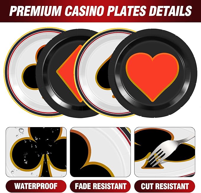 48Pcs Casino Party Supplies 7" Casino Plates Disposable Paper Plates Las Vegas Party Decorations for Birthday Poker Night