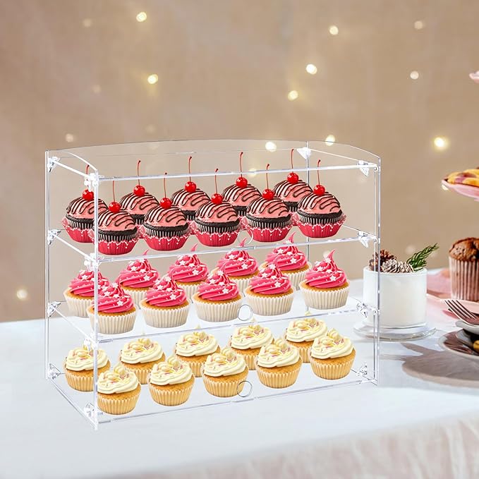 Acrylic Display Case, 3 Tier Large Assemble Display Case for Funko Pop Figures, Dustproof Display Cabinet for Pastries, Donuts, Cupcakes, Alternative Glass Case for Collectibles, Legos, Model Cars