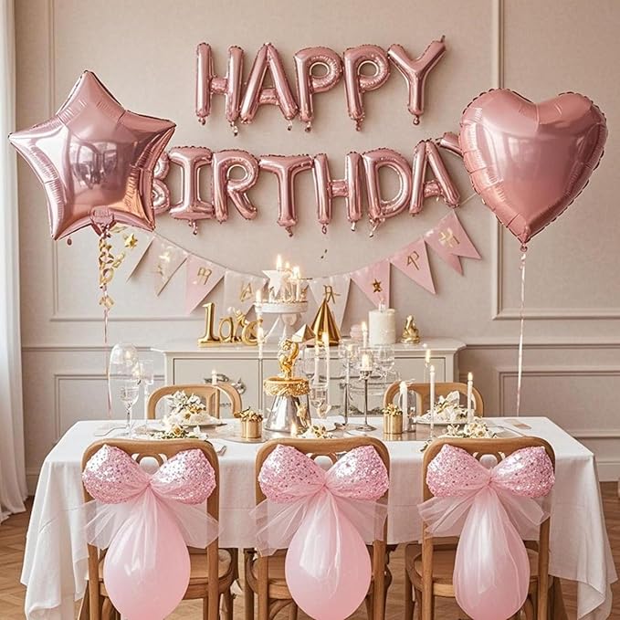 27 Pcs Pink Birthday Decorations, 3D Foil Pink Happy Birthday Balloon Banner, Pentagram Heart Foil Balloons Confetti Balloons Kit For Boys Girls Birthday Party Supplies