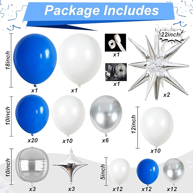 Blue White Silver Balloon Arch Kit with Explosion Star 4D Silver Foil Balloons Royal Blue Metallic Silver White Balloon Garland for Blue 2025 Graduation Decoration Birthday Baby Shower Party