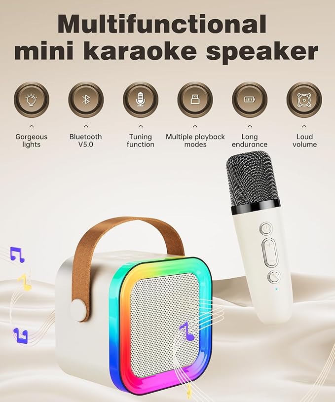 Mini Karaoke Machine Speaker for Kids Adults,Portable Bluetooth with 1-2 Wireless Microphones,Christmas Birthday Gifts Toys Girls Boys Ages 4, 5, 6,7, 8,9,10,11,12+ Years Old Toddler (Off-White -1Mic)