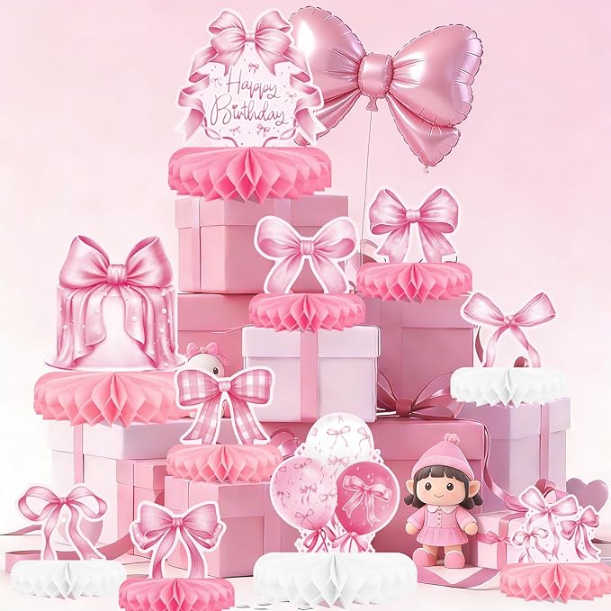 Pink Bow Birthday Decorations Set - Bow Party Decorations with Honeycomb Centerpieces & Table Centerpieces for Splendid Pink Bow Themed Party Supplies