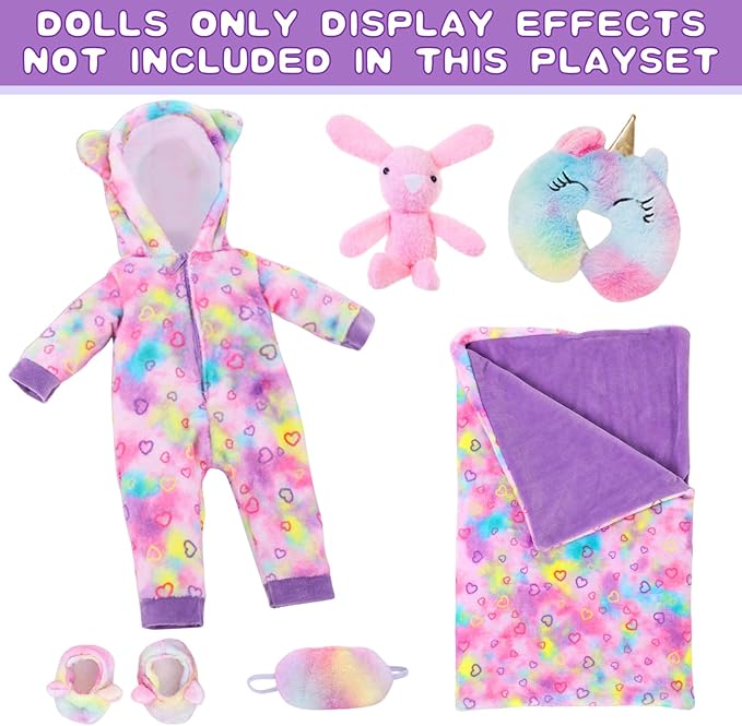 American 18" Doll Clothes and Sleep Bag Accessories,Sleepover Outfit Set Fits 18 Inch Dolls Include Rainbow Costume,Unicorn Style Pillow,Eye Mask,Shoes,Animal Toy Gifts for Girls (No Doll)