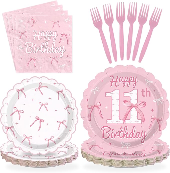 96Pcs Pink Bow Party Supplies Coquette 11th Birthday Party Plates and Napkins Disposable Bow Themed Tableware Set for Girl Happy 11th Birthday Baby Shower Decorations, Serves 24