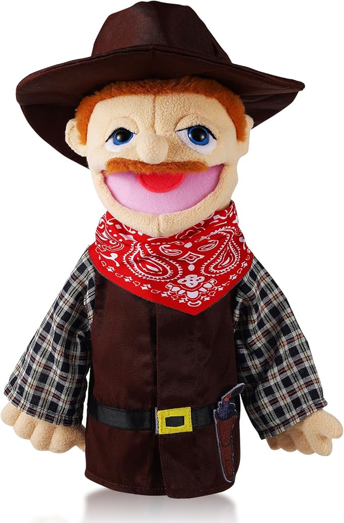 Role Play Hand Puppets Hand Plush Chef Doctor Fireman Pirate Detective Athlete Nurse Worker Hand Puppet Toys Puppets for Kids Storytelling Imaginative Pretend Play Teaching Preschool(Cowboy)
