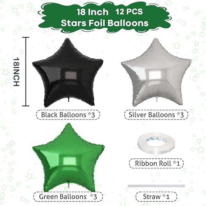 Green Black Star Balloons, 18Inch Balck Olive and Silver Stars Shape Foil Balloons Helium, 12Pcs Green Pentagram Mylar Party Decoration for Boy Men Birthday Graduation Video Games Soccer Party Supplie