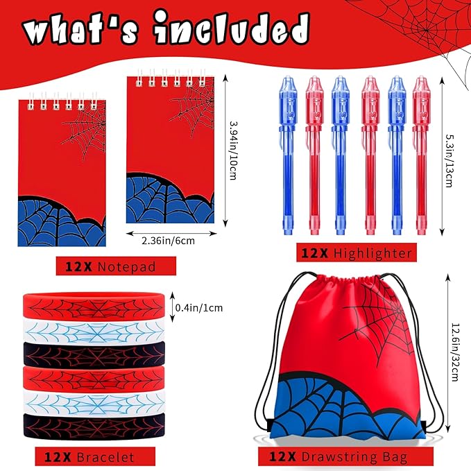 Spider Party Favors, Movie Hero Theme Birthday Party Supplies & Goodie Bags for Kids, Include Drawstring Bags Notebook Silicone Bracelet Highlighter for Gifts Fillers