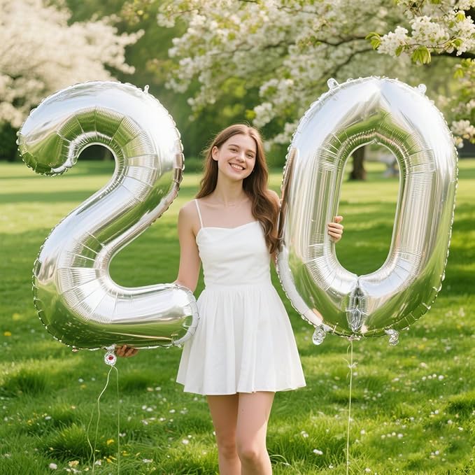 40 Inch Silver Number 20 Digital Balloon,Jumbo Mylar Foil Helium Balloon for 20 Balloons for Birthday Party,Wedding Anniversary Party Decorations
