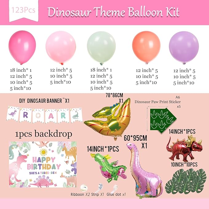 Three Rex 3rd Birthday Decorations with Pastel Pink Green Dinosaur Balloon Garland Dino Foil Balloons ROAR Banner Backdrop Footprint Stickers Palm Leaves for Girls 3 Year Old Dinosaur Party Supplies