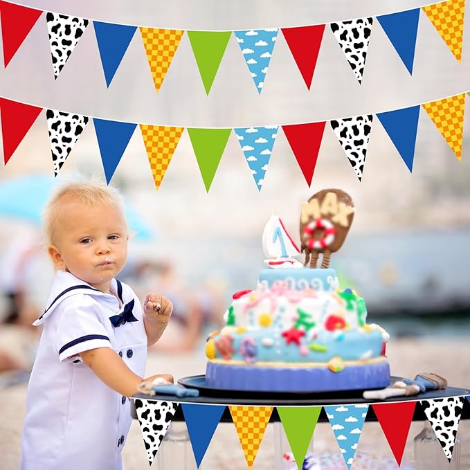 Pasimy 5 Pcs 49.2Ft Cartoon Birthday Party Decorations Blue Sky White Clouds and Cow Print Pennant Banners Flags Red Blue Yellow String Triangle Flag Banner for Baby Shower Birthday Party Decorations