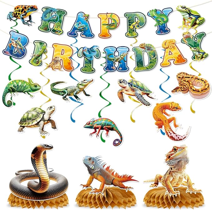 Reptile Birthday Party Decorations Include Reptile Jungle Swamp Happy Birthday Banners Hanging Swirls Honeycomb Centerpieces Safari Animals Lizard Snake Alligator Turtle Party Supplies