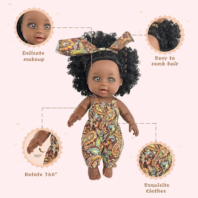 Nice2you Black Baby Doll in Take Along Backpack Carrier, 10in American African Girl Doll for Toddlers and Kids Aged 1-3 2 4 5 Year Old, Backpack for Baby Doll Accessories Storage