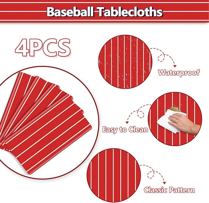 4 Pcs Plastic Baseball Tablecloths, Rectangle Red Stripe Table Cloth for Baseball Game Day Sports Theme Party Supplies, 51 x 86 Inches
