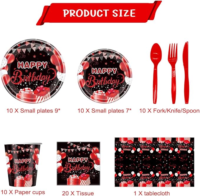 81PCS Red and Black Birthday Party Tableware Supplies Set, Red Party Confetti Sprinkles Happy Birthday Party Decorations