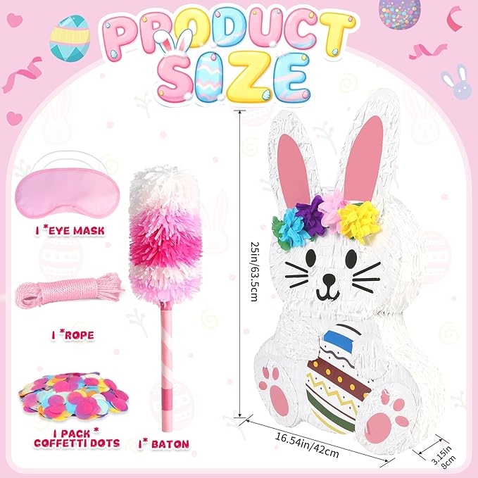 25" Large Easter Decorations Bunny Pinata for Kids Birthday Party - Cute White Rabbit Party Supplies with Matching Stick, Blindfold & Confetti - Sturdy Spring Theme Decor for Easter & Baby Shower