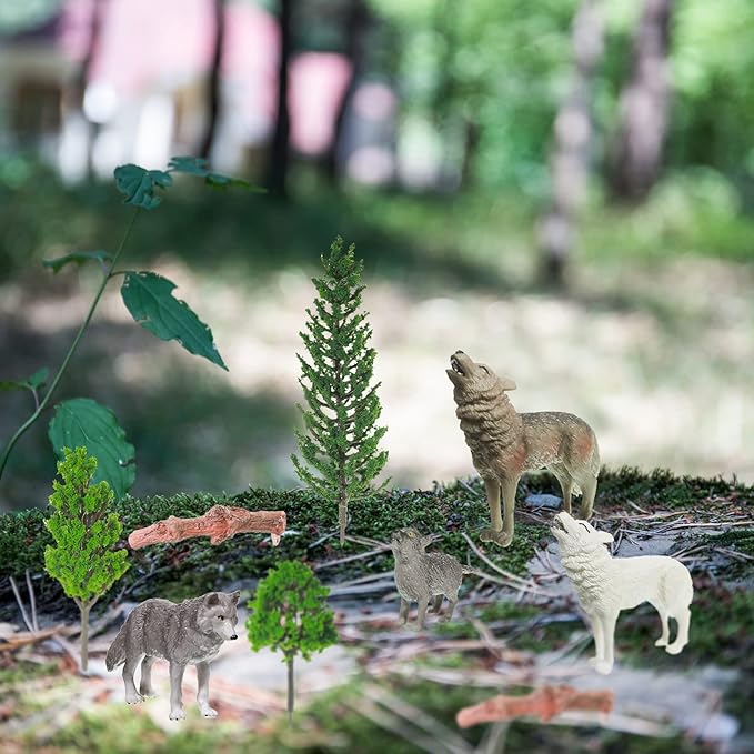 Sratte 26 Pcs Woodland Wolf Figurines Toys Small Wolf Figures with Model Trees Kit Playset Cake Toppers Diorama Project Kit for Kids Toddlers Birthday Gift Decor