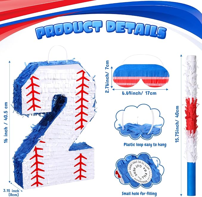 HyDren Baseball Piñata Baseball Party Decorations Number Piñata with Bat, Blindfold and Confetti, 16 Inch Sports Themed Birthday Party Supplies for Celebration Events(Number 2)