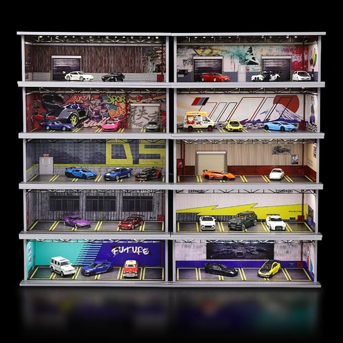 1/64 Scale Hot die-cast Wheels Model car scenarios Display case with LED Light and Acrylic Cover, Scenes Parking lot Diorama Storage Garage Box with 6 Parking Spaces (Fuji)
