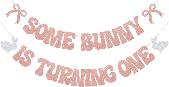 Some Bunny is Turning One Banner Some Bunny Is One Decorations Happy Easter 1st Birthday Party Decoration Supplies Rose Gold Glitter