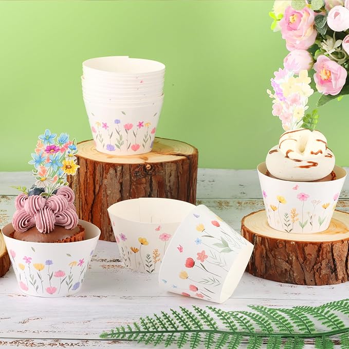 48 Pack Summer Wildflower Cupcake Toppers and Wrappers, Flower Birthday Cake Decoration for Wildflower Theme Birthday Party Baby Shower Party Supplies