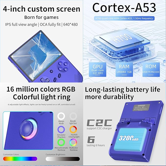 RG40XX V Handheld Game Consoles RG40XXV Retro Game Console Built-in 64G TF Card RG 40XXV Portable Gaming Console Linux 64-bit System Supports WiFi Bluetooth HDMI and TV Output Black Blue