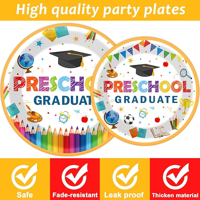 Preschool Graduation Party Supplies Pre-K Grad Tableware Set Kindergarten Graduation Plate Napkin Kindergarten Disposable Paper Dinnerware Kit for Graduate Party decoration Favor 24 Guest (White)