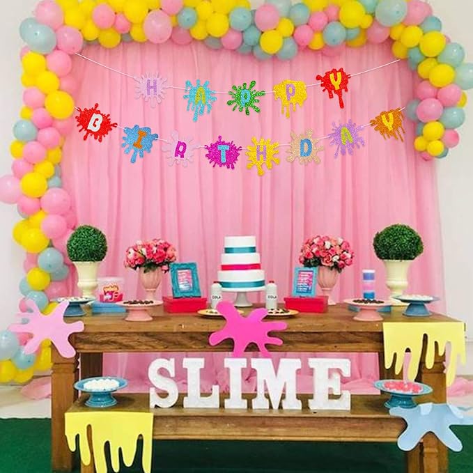 Slime Happy Birthday Banner Painting Pennant for Art Theme Baby Shower Party Decorations Supplies