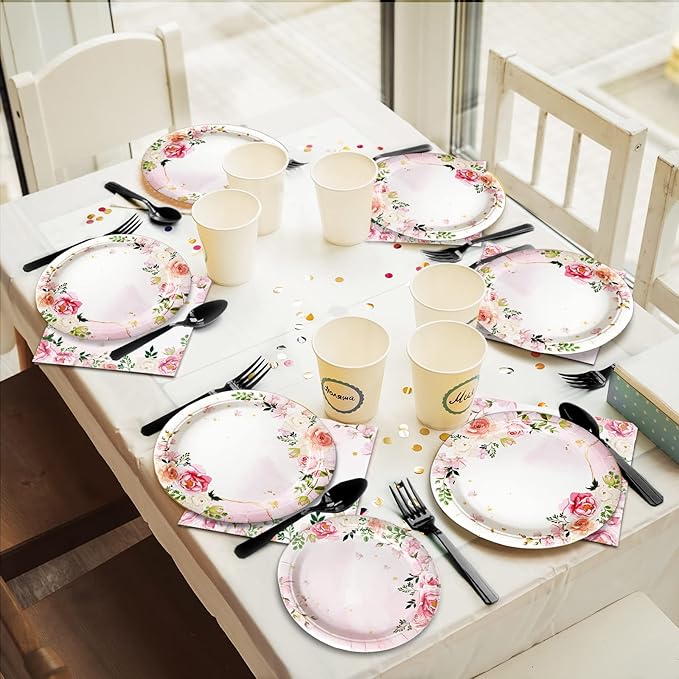 gisgfim 96 Pcs Floral Party Plates and Napkins Party Supplies Pink Spring Theme Flower Party Tableware Set Watercolor Floral Tea Party Decorations Favors for Bridal Baby Shower Serves 24