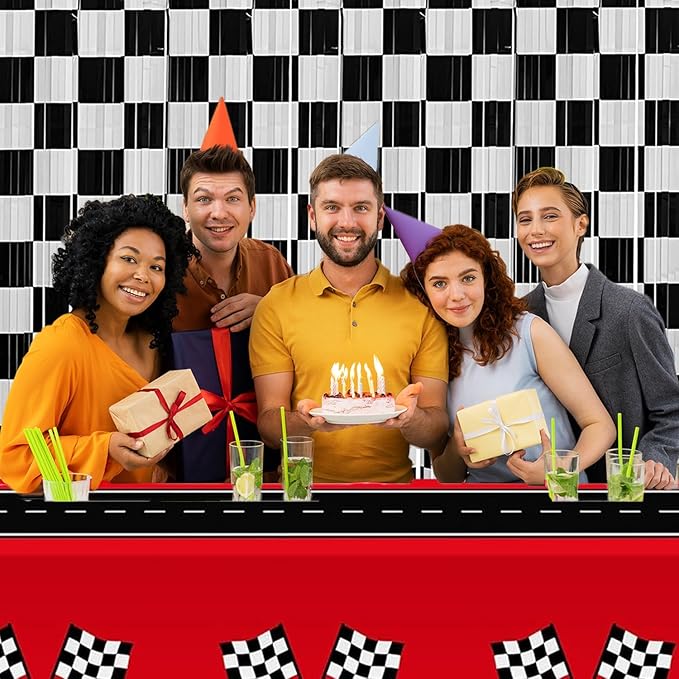 Race Car Foil Fringe Curtains Backdrop Birthday Party Decorations, 6 Pack 3.28 x 6.56 Ft Black White Foil Fringe Curtain Photo Booth Props Racing Car One Happy Dude Party Decorations