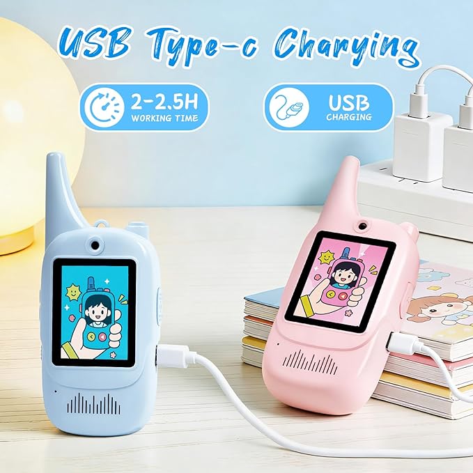 HD Video Walkie Talkies for Kids, 2 Pack Rechargeable with Camera & Screen, 4 Voice Changer, 1000 Feet Range, Toy Gift for Boys Girls Ages 3-12 (Blue & Pink)