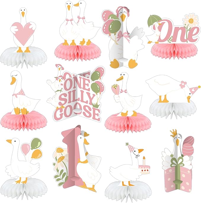 12 Pcs One Silly Goose Birthday Decoration Girls Honeycomb Centerpieces Pink White Silly Goose Table Decoration Cake Balloon Heart Flowers Table Topper for 1st Birthday Party Favor Supplie