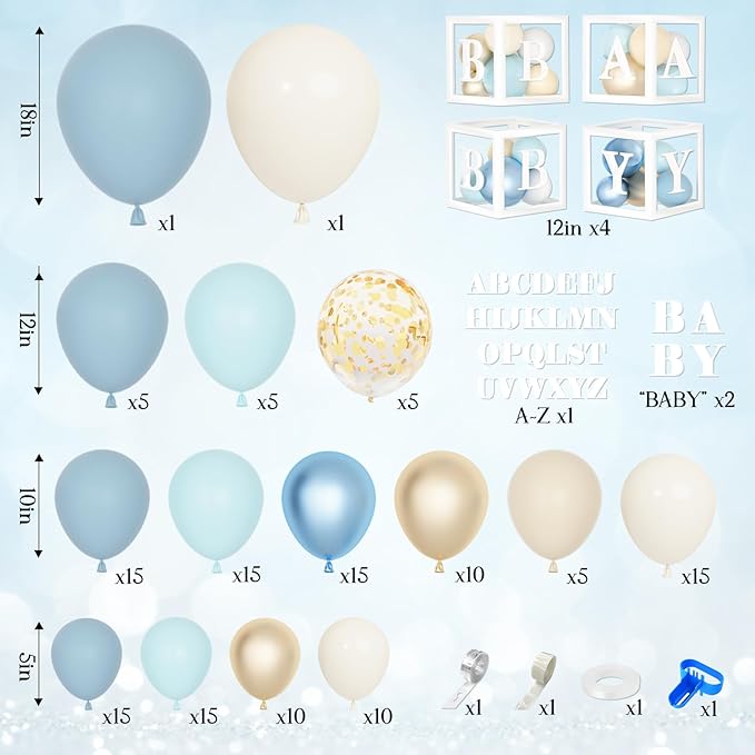 153pcs Dusty Blue Balloon Baby Shower Decorations for Boy, Blue Balloon Arch Kit Baby Boxes with Letter (A-Z+Baby) for Boho Baby Shower Boy Birthday Gender Reveal Party Supplies