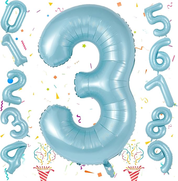 3rd Birthday Number Balloons for Kids, 40 Inch Foil Number 3 Balloons, Pastel Blue Large Self Inflating Number Balloons for Boys Men 30th Birthday Party Anniversary Party Decoration Supplies