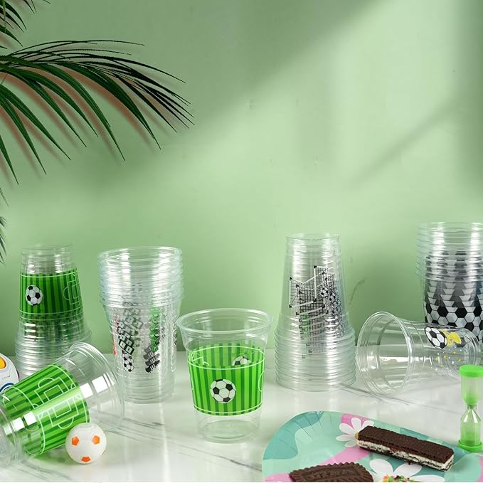 100Pcs Soccer Party Decorations Cups, 12 OZ Disposable Plastic Drinking Cups for Sports Themed Tailgate Events Game Day Football Soccer Birthday Party Decor Supplies Favors
